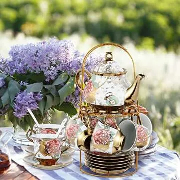 Zhehao 20 Pcs Porcelain Tea Set with Metal Holder Adult Ceramic Tea Party Set European Flower Tea Cup Saucer Set for Adult Women with Flower Painting, Large Version(Bright Style)
