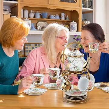 Zhehao 20 Pcs Porcelain Tea Set with Metal Holder Adult Ceramic Tea Party Set European Flower Tea Cup Saucer Set for Adult Women with Flower Painting, Large Version(Bright Style)