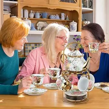 Zhehao 20 Pcs Porcelain Tea Set with Metal Holder Adult Ceramic Tea Party Set European Flower Tea Cup Saucer Set for Adult Women with Flower Painting, Large Version(Bright Style)