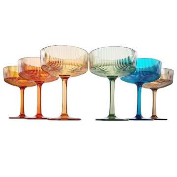 Shatterproof Acrylic Ribbed Vintage Art Deco Martini, Champagne & Cocktail Muted Color Plastic Tritan Coupe Glasses | Set of 6 | 8 oz Ripple Glassware Classic Cocktail Indoor & Outdoor, European Style