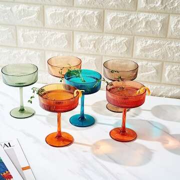 Shatterproof Acrylic Ribbed Vintage Art Deco Martini, Champagne & Cocktail Muted Color Plastic Tritan Coupe Glasses | Set of 6 | 8 oz Ripple Glassware Classic Cocktail Indoor & Outdoor, European Style