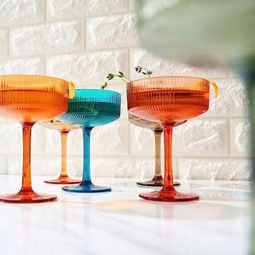 Shatterproof Acrylic Ribbed Vintage Art Deco Martini, Champagne & Cocktail Muted Color Plastic Tritan Coupe Glasses | Set of 6 | 8 oz Ripple Glassware Classic Cocktail Indoor & Outdoor, European Style