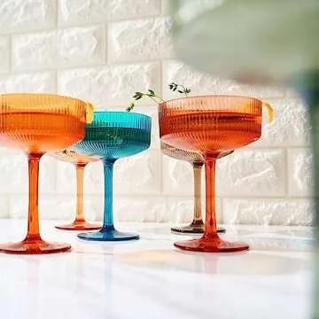 Shatterproof Acrylic Ribbed Vintage Art Deco Martini, Champagne & Cocktail Muted Color Plastic Tritan Coupe Glasses | Set of 6 | 8 oz Ripple Glassware Classic Cocktail Indoor & Outdoor, European Style