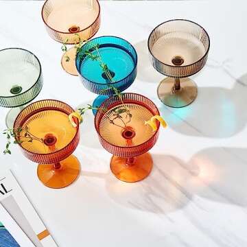 Shatterproof Acrylic Ribbed Vintage Art Deco Martini, Champagne & Cocktail Muted Color Plastic Tritan Coupe Glasses | Set of 6 | 8 oz Ripple Glassware Classic Cocktail Indoor & Outdoor, European Style