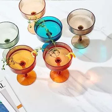 Shatterproof Acrylic Ribbed Vintage Art Deco Martini, Champagne & Cocktail Muted Color Plastic Tritan Coupe Glasses | Set of 6 | 8 oz Ripple Glassware Classic Cocktail Indoor & Outdoor, European Style