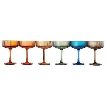 Shatterproof Acrylic Ribbed Vintage Art Deco Martini, Champagne & Cocktail Muted Color Plastic Tritan Coupe Glasses | Set of 6 | 8 oz Ripple Glassware Classic Cocktail Indoor & Outdoor, European Style