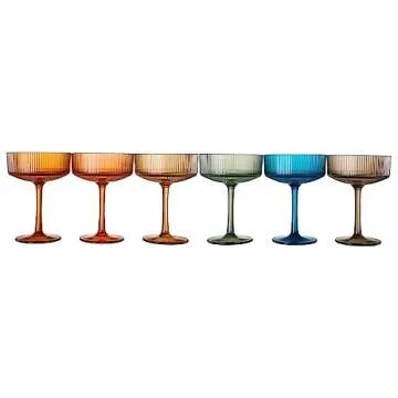 Shatterproof Acrylic Ribbed Vintage Art Deco Martini, Champagne & Cocktail Muted Color Plastic Tritan Coupe Glasses | Set of 6 | 8 oz Ripple Glassware Classic Cocktail Indoor & Outdoor, European Style