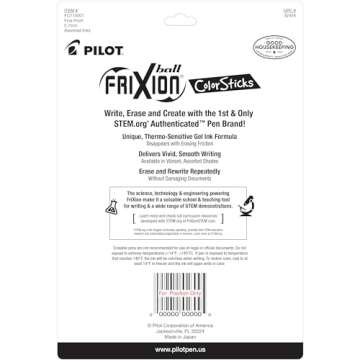 Pilot, FriXion ColorSticks Erasable Gel Ink Pens, Fine Point 0.7 mm, Pack of 10, Assorted Colors