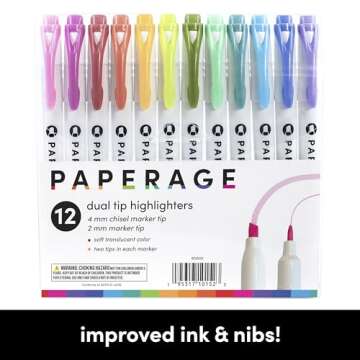 PAPERAGE Dual Tip Pastel Highlighters, Assorted Colors, Broad & Fine Point Tips, 12 Pack Highlighter Set For School or Office Supplies, Journals & Notebooks