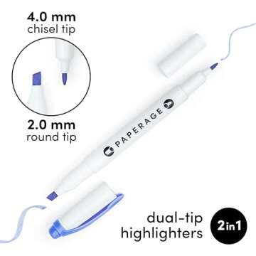 PAPERAGE Dual Tip Pastel Highlighters, Assorted Colors, Broad & Fine Point Tips, 12 Pack Highlighter Set For School or Office Supplies, Journals & Notebooks