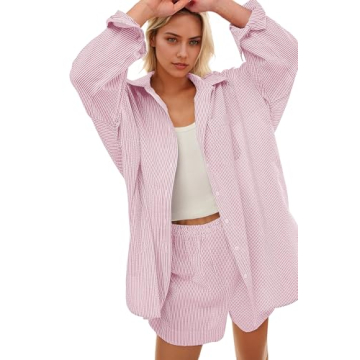 YUENIU Women's Striped Button Down Shirts Casual V Neck Drop Shoulder Long Sleeve Blouses Tops with ...