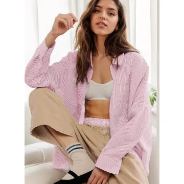 YUENIU Women's Stylish Striped Button Down Shirt