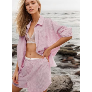 YUENIU Women's Stylish Striped Button Down Shirt