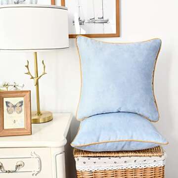 CaliTime Throw Pillow Covers Pack of 2 Super Soft Faux Suede Gold Piping Edge Accent Cushion Cases for Couch Bed Sofa Farmhouse Decorative 18 X 18 Inches Light Blue