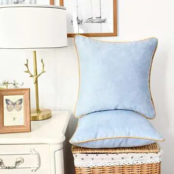 CaliTime Throw Pillow Covers Pack of 2 Super Soft Faux Suede Gold Piping Edge Accent Cushion Cases for Couch Bed Sofa Farmhouse Decorative 18 X 18 Inches Light Blue