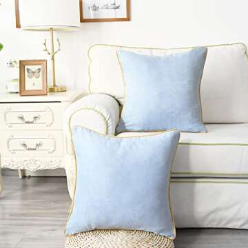 CaliTime Throw Pillow Covers Pack of 2 Super Soft Faux Suede Gold Piping Edge Accent Cushion Cases for Couch Bed Sofa Farmhouse Decorative 18 X 18 Inches Light Blue