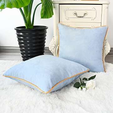 CaliTime Throw Pillow Covers Pack of 2 Super Soft Faux Suede Gold Piping Edge Accent Cushion Cases for Couch Bed Sofa Farmhouse Decorative 18 X 18 Inches Light Blue