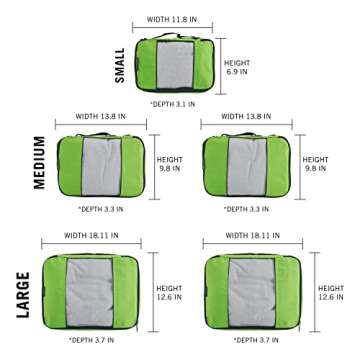 TravelWise Luggage Packing Organization Cubes 5 Pack, Lime, 1 Small, 2 Medium, 2 Large