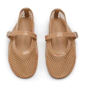 VOLEECE Women's Mesh Ballet Flats Buckle Strap Comfortable Ballerina Shoes Ladies Clear Fishnet Wide Width Flats for Women Slip-on Casual Dress Mary Jane Flats Fall 2023