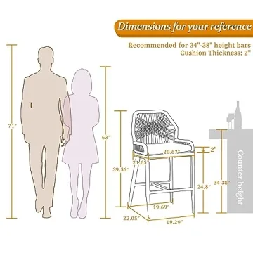 PURPLE LEAF Outdoor Counter Height Bar Stools Chair Set of 2 Modern Patio Metal Stools with Backrest and Arm, Cushions Included