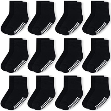 JAKIDAR 12 Pairs Cotton Baby Socks with Non-Slip Grips - Black (6-12M)