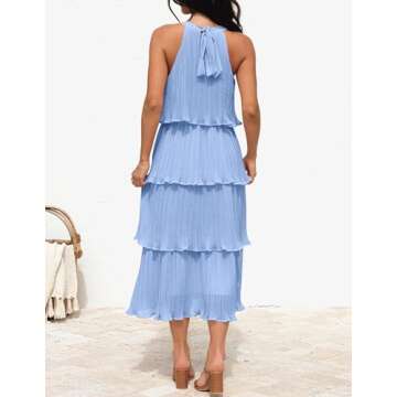 ZESICA Women's 2024 Summer Sleeveless Halter Neck Ruffle Tiered Layed Chiffon Flowy Swing Long Midi Dress,LightBlue,Medium