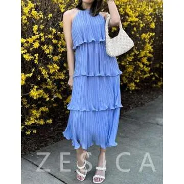 ZESICA Women's 2024 Summer Sleeveless Halter Neck Ruffle Tiered Layed Chiffon Flowy Swing Long Midi Dress,LightBlue,Medium