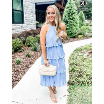 ZESICA Women's 2024 Summer Sleeveless Halter Neck Ruffle Tiered Layed Chiffon Flowy Swing Long Midi Dress,LightBlue,Medium
