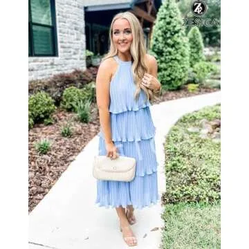 ZESICA Women's 2024 Summer Sleeveless Halter Neck Ruffle Tiered Layed Chiffon Flowy Swing Long Midi Dress,LightBlue,Medium