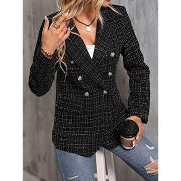 MakeMeChic Women's Tweed Blazer Long Sleeve Lapel Neck Button Front Blazer Jacket Coat Black L