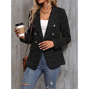 MakeMeChic Women's Tweed Blazer Long Sleeve Lapel Neck Button Front Blazer Jacket Coat Black L