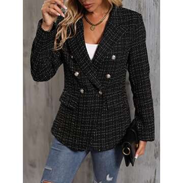 MakeMeChic Women's Tweed Blazer Long Sleeve Lapel Neck Button Front Blazer Jacket Coat Black L