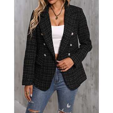 MakeMeChic Women's Tweed Blazer Long Sleeve Lapel Neck Button Front Blazer Jacket Coat Black L