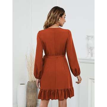 Naggoo Womens Fall Dress Trendy Wrap Long Sleeve Ruffle Mini Dress Caramel S
