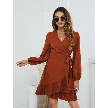 Naggoo Womens Fall Dress Trendy Wrap Long Sleeve Ruffle Mini Dress Caramel S