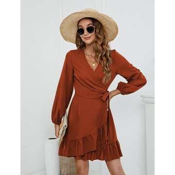 Naggoo Womens Fall Dress Trendy Wrap Long Sleeve Ruffle Mini Dress Caramel S