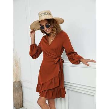 Naggoo Womens Fall Dress Trendy Wrap Long Sleeve Ruffle Mini Dress Caramel S
