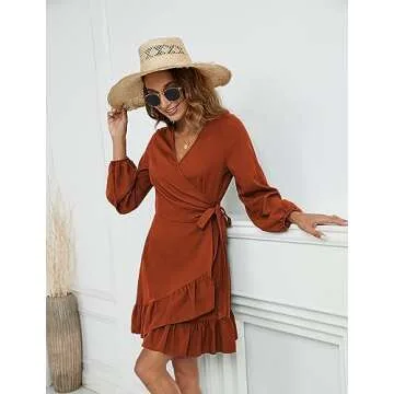 Naggoo Womens Fall Dress Trendy Wrap Long Sleeve Ruffle Mini Dress Caramel S