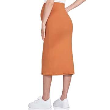 POSHDIVAH Women's Maternity Skirt Over The Belly Midi High Waisted Solid Stretchy Pregnancy Pencil Skirt Camel Small