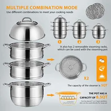 VIVOHOME 3-Tier 11 Inch 8.5Qt 304 Stainless Steel Steamer Pot Steaming Cookware Saucepot with Tempered Glass Lid, Work with Gas, Electric, Induction Oven, Grill Stove Top, Dishwasher Safe