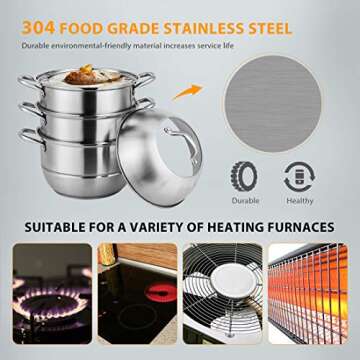 VIVOHOME 3-Tier 11 Inch 8.5Qt 304 Stainless Steel Steamer Pot Steaming Cookware Saucepot with Tempered Glass Lid, Work with Gas, Electric, Induction Oven, Grill Stove Top, Dishwasher Safe