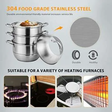 VIVOHOME 3-Tier 11 Inch 8.5Qt 304 Stainless Steel Steamer Pot Steaming Cookware Saucepot with Tempered Glass Lid, Work with Gas, Electric, Induction Oven, Grill Stove Top, Dishwasher Safe