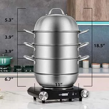VIVOHOME 3-Tier 11 Inch 8.5Qt 304 Stainless Steel Steamer Pot Steaming Cookware Saucepot with Tempered Glass Lid, Work with Gas, Electric, Induction Oven, Grill Stove Top, Dishwasher Safe