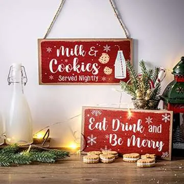 Blulu Christmas Hanging Wooden Sign Eat Drink and Be Merry Sign Milk and Cookies Sign Merry Christmas Wall Decor Rustic Gingerbread Decor for Kitchen, Coffee Bar, Indoor or Outdoor Decorations