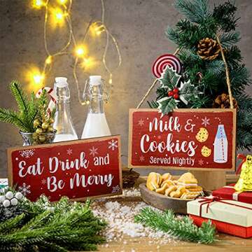 Blulu Christmas Hanging Wooden Sign Eat Drink and Be Merry Sign Milk and Cookies Sign Merry Christmas Wall Decor Rustic Gingerbread Decor for Kitchen, Coffee Bar, Indoor or Outdoor Decorations