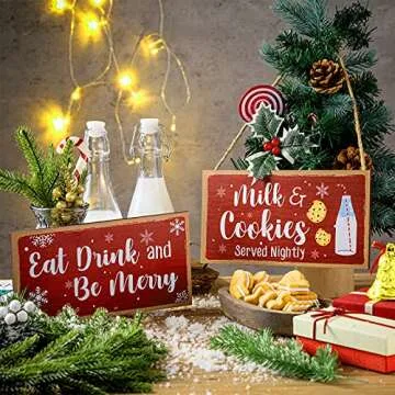Blulu Christmas Hanging Wooden Sign Eat Drink and Be Merry Sign Milk and Cookies Sign Merry Christmas Wall Decor Rustic Gingerbread Decor for Kitchen, Coffee Bar, Indoor or Outdoor Decorations