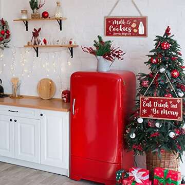 Blulu Christmas Hanging Wooden Sign Eat Drink and Be Merry Sign Milk and Cookies Sign Merry Christmas Wall Decor Rustic Gingerbread Decor for Kitchen, Coffee Bar, Indoor or Outdoor Decorations