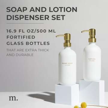 MaisoNovo Soap Dispenser 2-Piece Set | 16.9oz White Bottles with Gold Stainless Steel Pumps