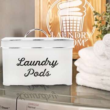 AuldHome Design Enamelware Laundry Pod Holder - Rustic White Storage Container