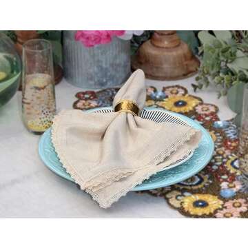 COTTON CRAFT Flax Linen Cloth Napkins with Lace - Set of 12 Lunch Dinner Napkins - Elegant Everyday Fall Harvest Thanksgiving Holiday Table Napkin - Washable Reusable Napkin - Oversized 20x20- Natural